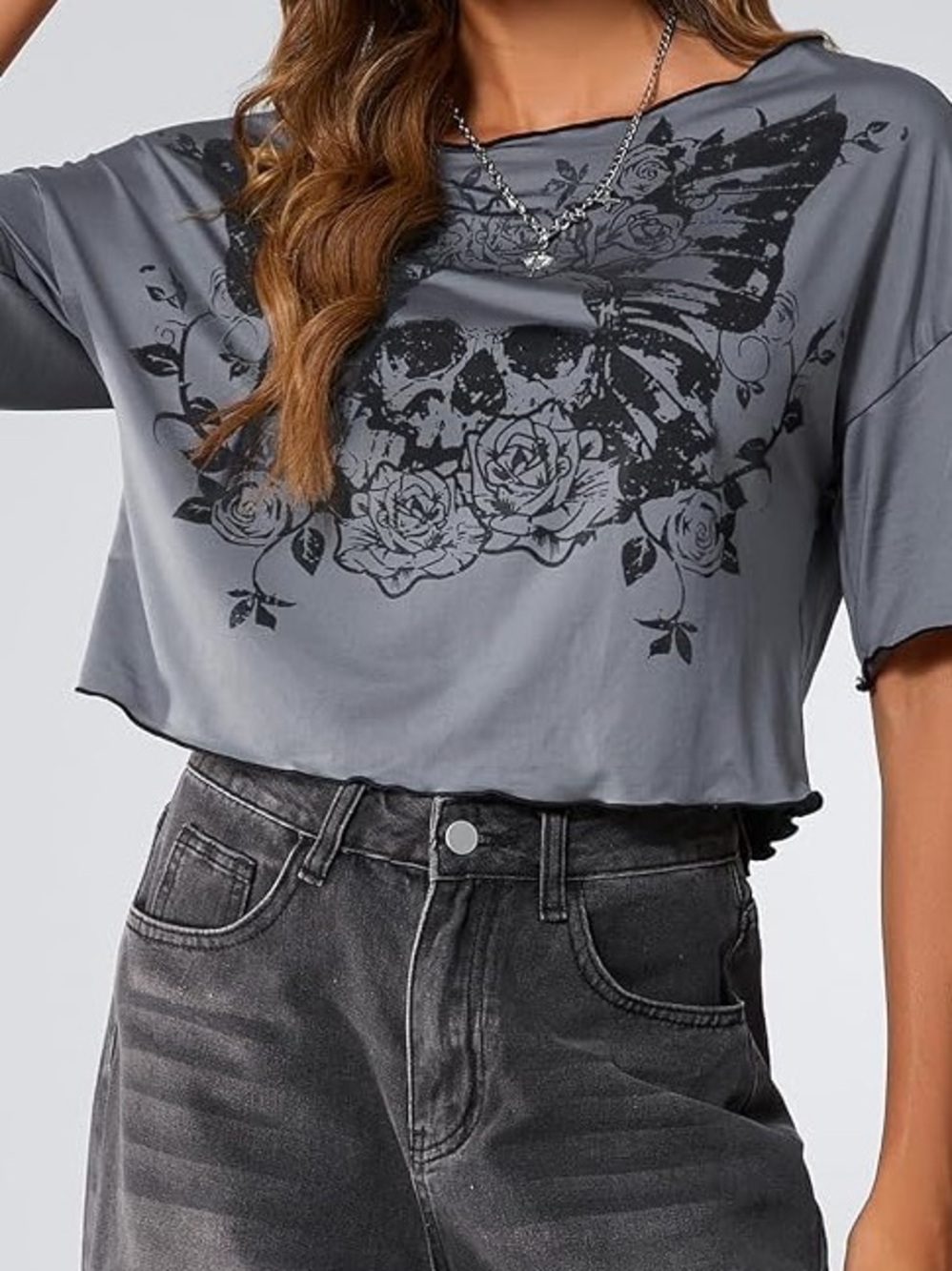 Skull Rose Graphic Oversized Crop Top - Picture 3 of 11